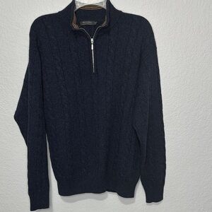 Men’s Dark Blue Half-Zip Cashmere Cable Knit Sweater XL